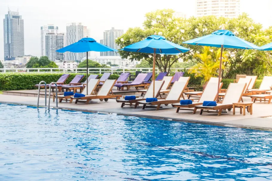 Calm pool with deck chairs