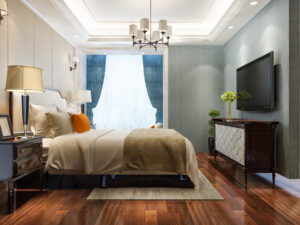 3d rendering beautiful luxury bedroom suite in hotel with tv and chandelier