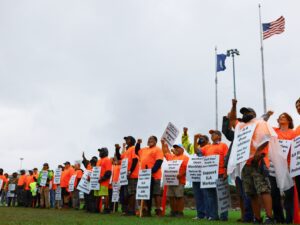 Dock workers protesting during a strike for better working conditions