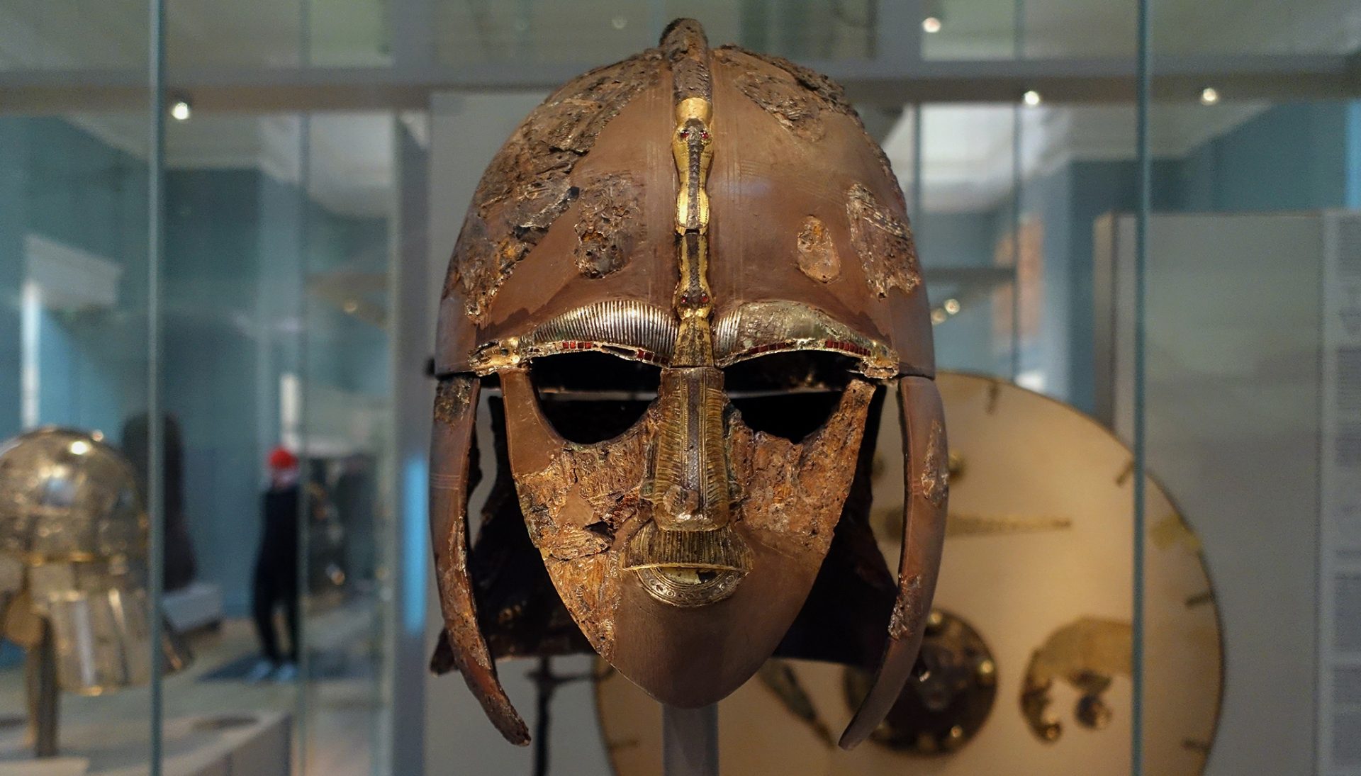 Intricate Sutton Hoo helmet showcasing Anglo-Saxon metalwork at the British Museum