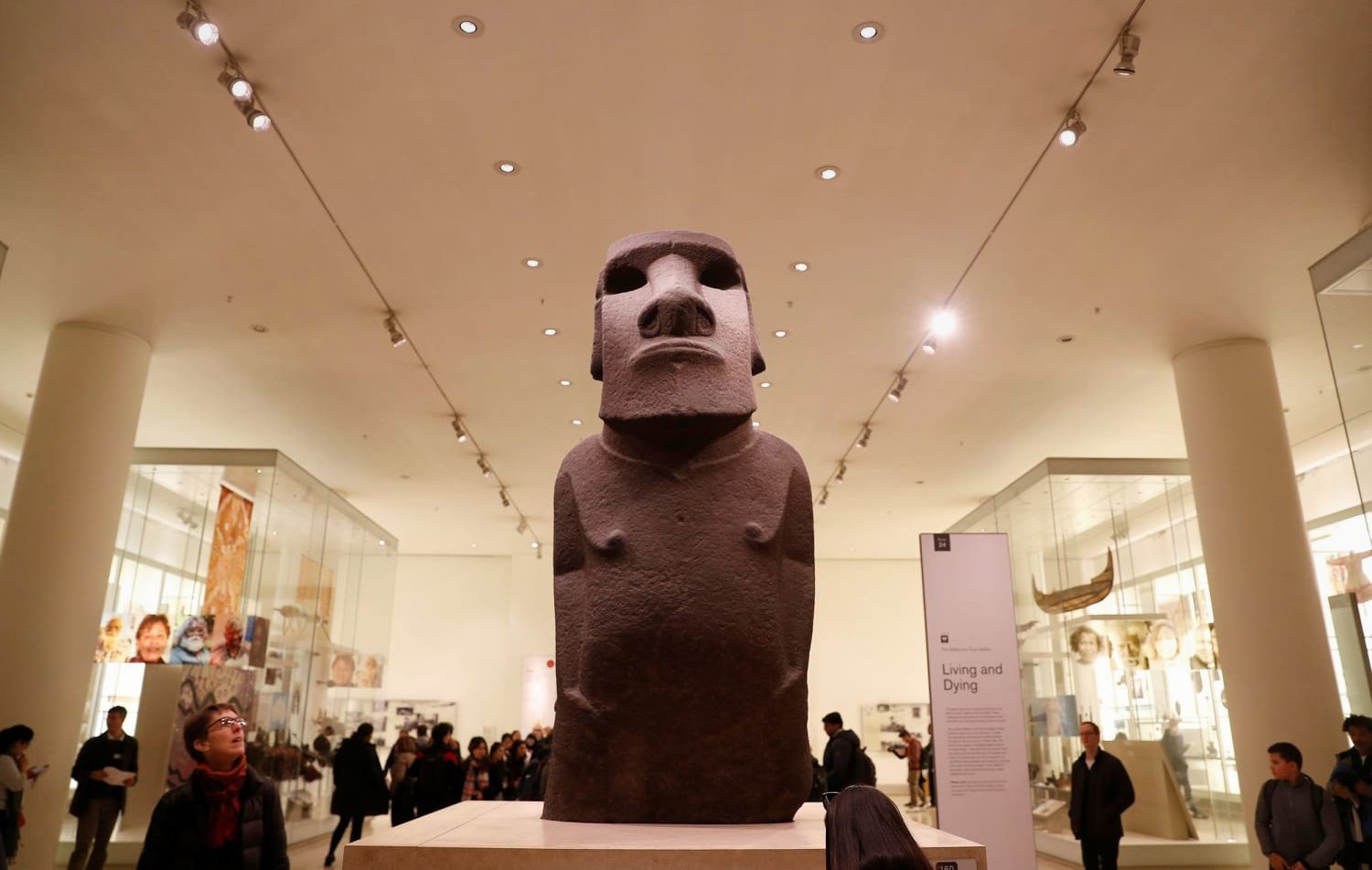 Photograph of the Easter Island Statue (Moai) at the British Museum, showcasing the iconic Polynesian sculpture with intricate details